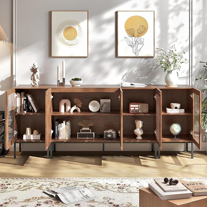 Farmhouse TV Stand for TVs up to 85 Inch, Entertainment Center TV Console with Storage Cabinets and Glass Doors,Media Console for Living Room, Brown-Ruum Studio Home