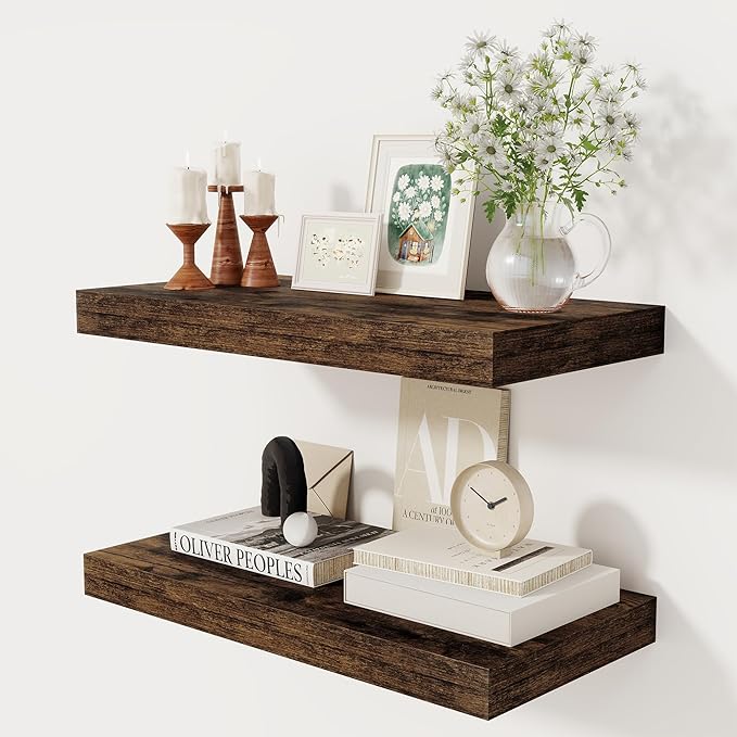 12 Inch Deep Floating Shelves, 24 x 12 Floating Shelf for Books, Rustic Wood Deep Wall Shelves for Home Storage & Display, 2" Thicked Shelves for Kitchen, Living Room, Bedroom, Rustic Brown, 2 Pack-Ruum Studio Home