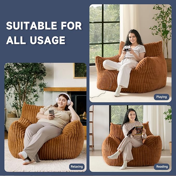 Oversized Bean Bag Chair for Adults, Giant Comfy Plush Boneless Bean Bag Couch with Filler for Kids - Reading Chair for Living Room, Bedroom & Dorm, Single Accent Chair Floor Lounger, Orange-Ruum Studio Home