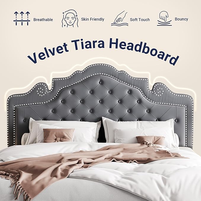 Allewie Full Size Bed Frame with Adjustable Velvet Tiara Headboard, Upholstered Diamond Button Tufted Platform Bed, Wood Slats Support, No Box Spring Needed, Light Grey-Ruum Studio Home