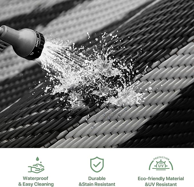 GENIMO Outdoor Rug Waterproof 6'x9' for Patio, Foldable Reversible Plastic Straw Carpet for Travel Trailers, Outside Area Mat for Rv, Deck, Picnic, Porch, Camper, Balcony, Beach, Black & Grey-Ruum Studio Home