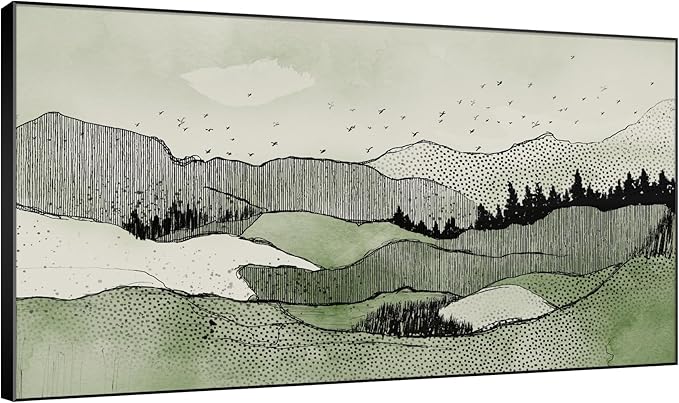 SIGNWIN 36"x60" Extra Large Framed Wall Art Green Line Art Mountain Landscape Illustration for Home Living Room Bedroom Decor (Frame Assembly Required)-Ruum Studio Home