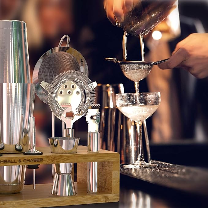 Highball & Chaser 13-Piece Boston Cocktail Shaker Set Stainless Steel Mixology Bartender Kit With Stand For Home Bar Cocktail Set | Laser Engraved Cocktail Tools | Plus E-Book with 30 Cocktail Recipes-Ruum Studio Home