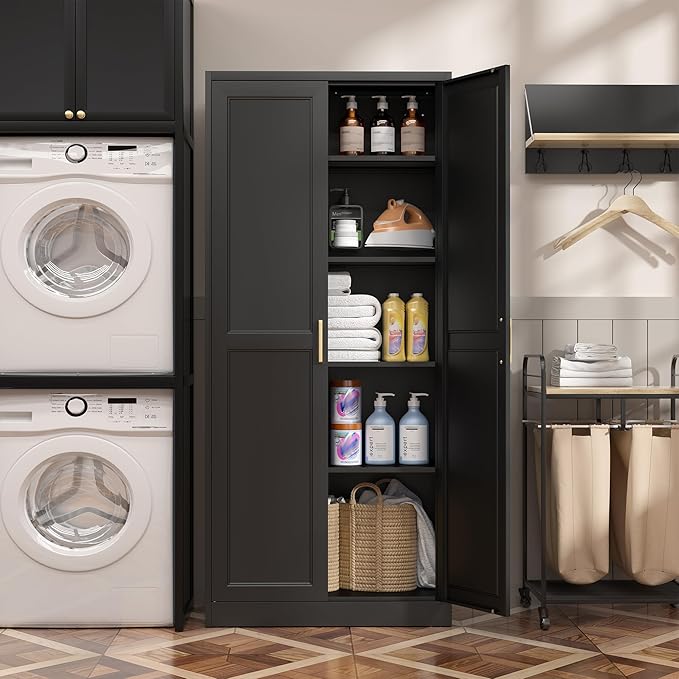 Kitchen Pantry Cabinet,71”Black Metal Pantry Storage Cabinet with Doors and 4 Adjustable Shelves,Kitchen Cabinet with 2 Gold Handles,Tall Cabinet for Livingroom,Pantry, Bathroom-Ruum Studio Home
