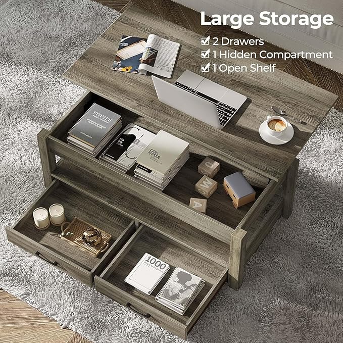 Rolanstar Coffee Table, 47.2" Lift Top Coffee Table with Drawers and Hidden Compartment, Retro Central Table with Wooden Lift Tabletop, for Living Room, Washed Oak-Ruum Studio Home