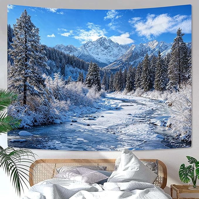 AMM Winter Forest Snow Mountain Tapestry Snowy Pine Tree Woodland Tapestry for Bedroom Aesthetic White Clouds Flowing River Landscape Tapestries Wall Hanging for Living Room Dorm Office 60 x 44 Inch-Ruum Studio Home