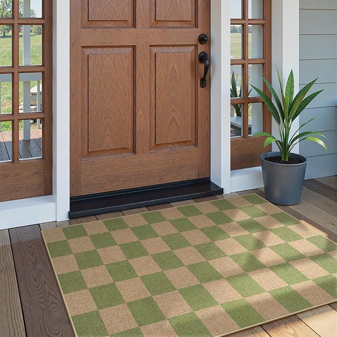 Lahome Checkered 3x5 Washable Rug, Green Easy Jute Rug for Entryway Living Room, Modern Non Slip Non Shedding Indoor Outdoor Carpet for Porch Deck Kitchen-Ruum Studio Home