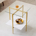 Square Glass End Table, Mid-Century Modern Design Sofa Table, for Living Room, L18 x W18 x H23, Clear Glass Top and White Marble MDF Shelf, Sleek Conical Metal Legs with Gold Finish-Ruum Studio Home