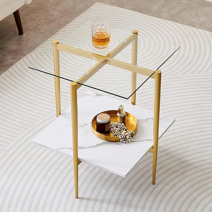 Square Glass End Table, Mid-Century Modern Design Sofa Table, for Living Room, L18 x W18 x H23, Clear Glass Top and White Marble MDF Shelf, Sleek Conical Metal Legs with Gold Finish-Ruum Studio Home