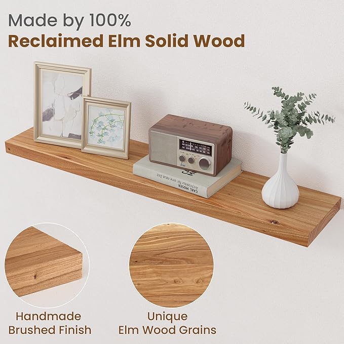 Floating Shelves for Wall Decor, 8" Deep Rustic Solid Elm Wood Floating Shelves Wall Mounted, Wall Shelves with Invisible Bracket for Living Room Bathroom Bedroom Kitchen, 36 Inch Set of 2, Natural-Ruum Studio Home