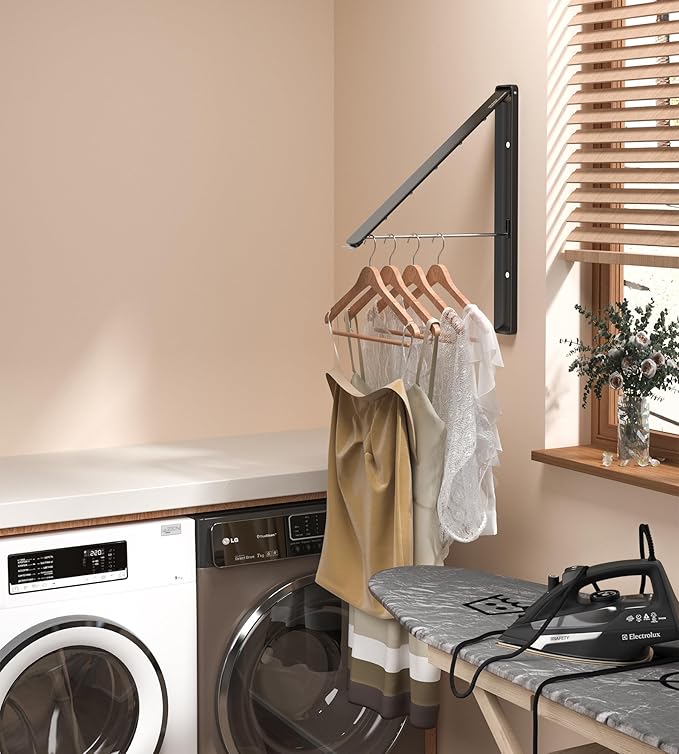 Dr.DJ Clothes Drying Rack Wall Mounted, Retractable & Foldable Clothes Hanger for Laundry Room Organization and Storage, Clothes Hanger Rack for Dorm, Closet, Balcony, Laundry Room(1P, Metal, Black)-Ruum Studio Home