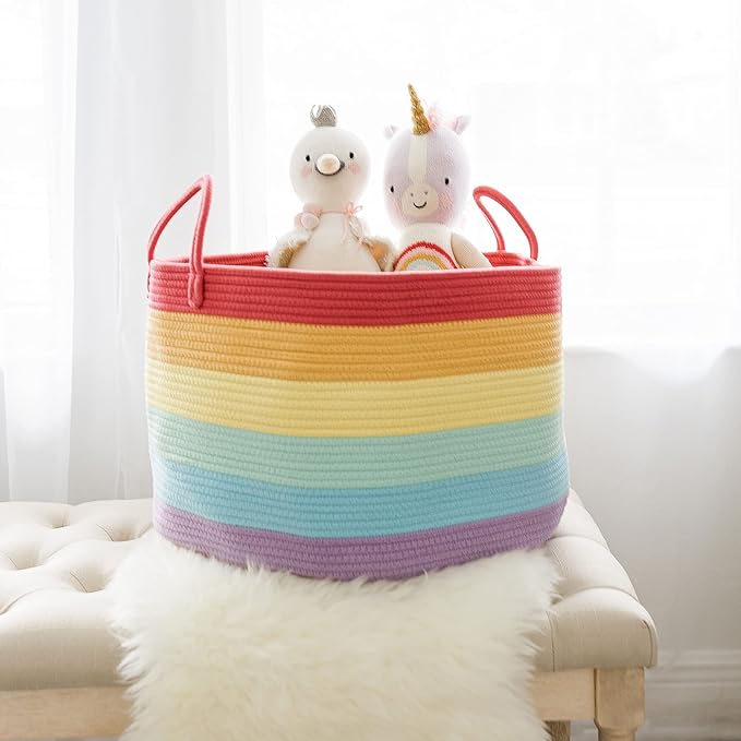 OrganiHaus Large Blanket Basket for Living Room 20x13, Rainbow Rope Basket for Classroom Organization, Toy Storage Basket, Woven Kids Laundry Basket, Baby Toy Box, Cute Storage Basket, Nursery Hamper-Ruum Studio Home