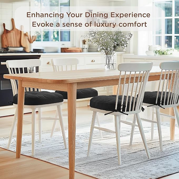 Codi Dining Chair Cushions 4 Pack, Thick Chairs Pads for Indoor Kitchen Room - Washable, Non-Slip Memory Foam Seat Cushion with Ties, 16.5"x16.5"x 3.5", Set of 4, Black-Ruum Studio Home