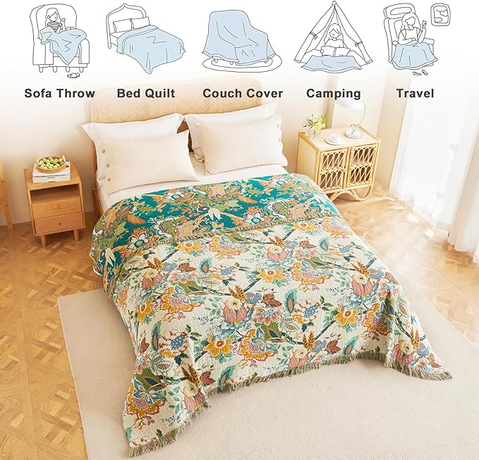 MSGKV Boho Throw Blanket for Couch Bed Chair 100% Cotton Muslin Breathable Vine Embroidery Blanket 50"x60" Sofa Blankets for All Seasons Lightweight Farmhouse Blankets Boho Home Decor-Ruum Studio Home