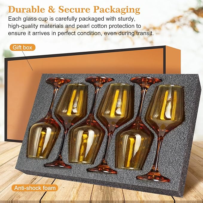Amber Wine Glasses Set of 6-14oz Long Stem Wine Glass, Pretty Crystal Glassware, Hand Blown Goblets Drinkware, Unique Stemware Wine Glass Holiday Gift Set-Ruum Studio Home