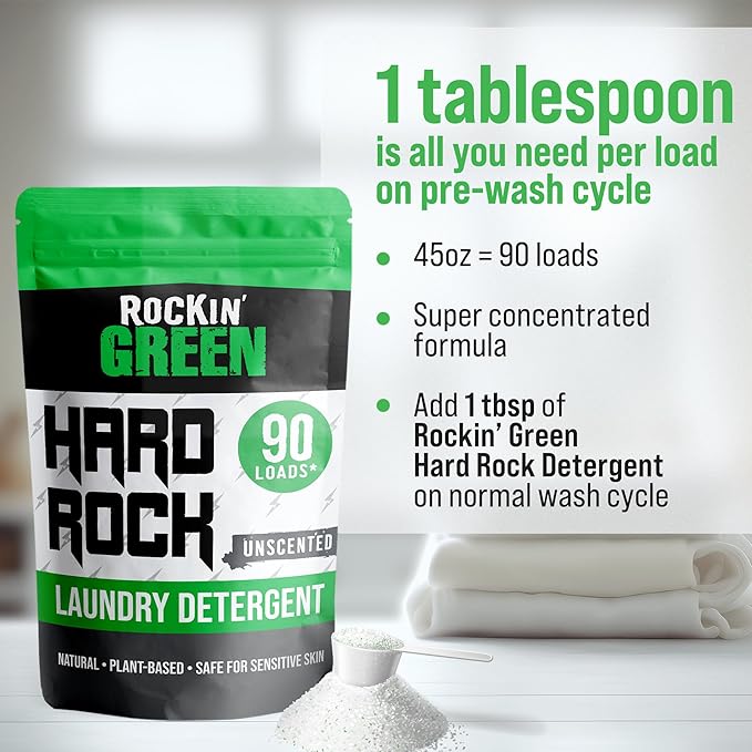 Rockin' Green Hard Rock Laundry Detergent for Hard Water (90 Loads), Plant based, Natural Laundry Detergent Powder, Biodegradable Odor Fighter, Safe for Sensitive Skin, 45 oz (Unscented)-Ruum Studio Home