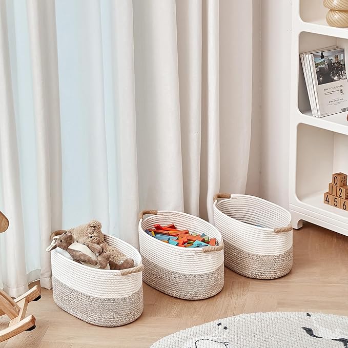 Storage Baskets for Organizing | 15"x10.2"x9.1" - 1 Pack Nursery Bin with Handles - Woven Cotton Rope Baskets for Dog Toys, Books, Shelf, Bathroom,Closet -Stylish Storage | White & Beige-Ruum Studio Home