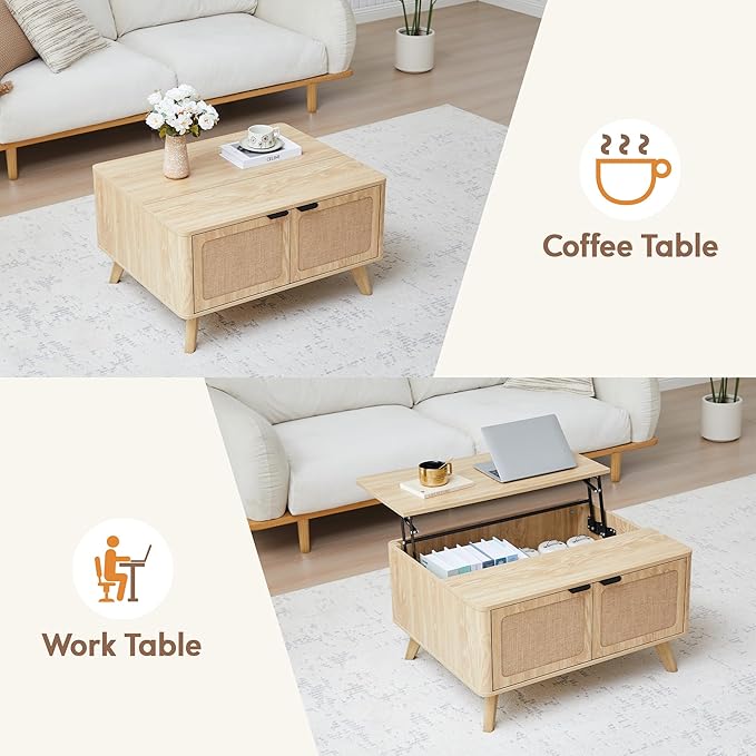 AVZEAR Wood Lift Top Coffee Table with Storage, Boho Modern Coffee Table with Nature Linen Doors & Large Hidden Storage, Rounded Corners Center Table Farmhouse Coffee Tables for Living Room, Natural-Ruum Studio Home