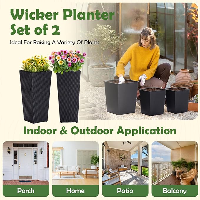 IDZO Wicker All-Weather Planter Set with Liners Tall Plant Decor Box for Outdoors Patio Herb Garden Furnishings - Rectangular Mocha-Ruum Studio Home