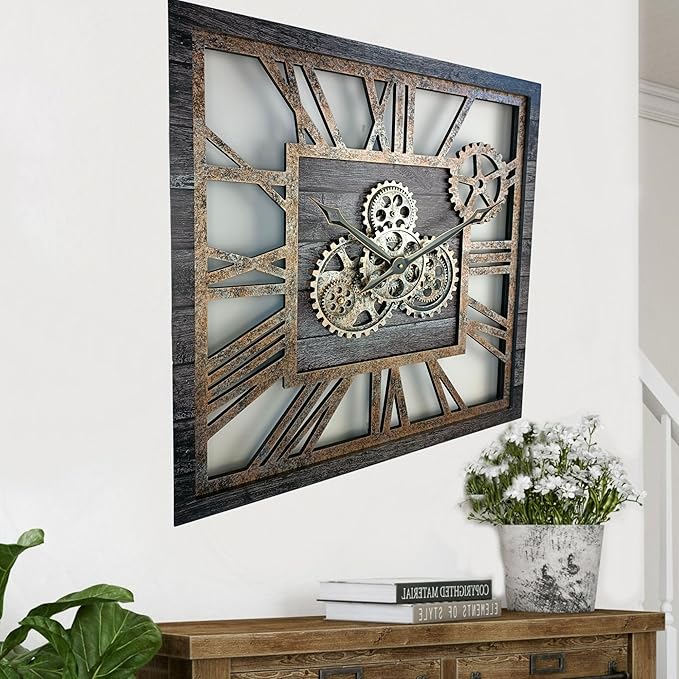 The Gears Clock 24'' Inch Square Real Moving Gear Wall Clock Vintage Industrial Oversized Rustic Farmhouse (Carbon Grey)-Ruum Studio Home