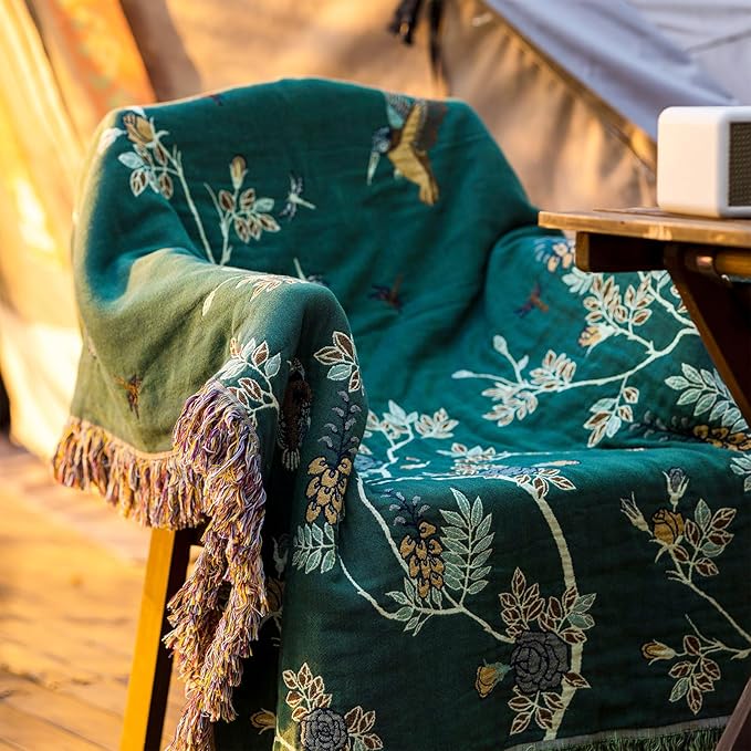 Snycler Boho Throw Blanket for Bed - 100% Cotton Ultra Soft Rustic Quilt Green Hummingbird Printed Farmhouse Decor Bed Blankets,60"×80" All Season Rustic Throw for Sofa Couch Chair-Ruum Studio Home