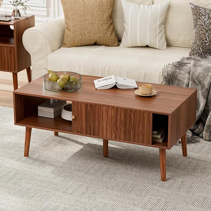 Coffee Table with Storage, Mid Century Dining Table with Sliding Fluted Door and Solid Wood Legs, Small Coffee Tables for Living Room, Walnut-Ruum Studio Home