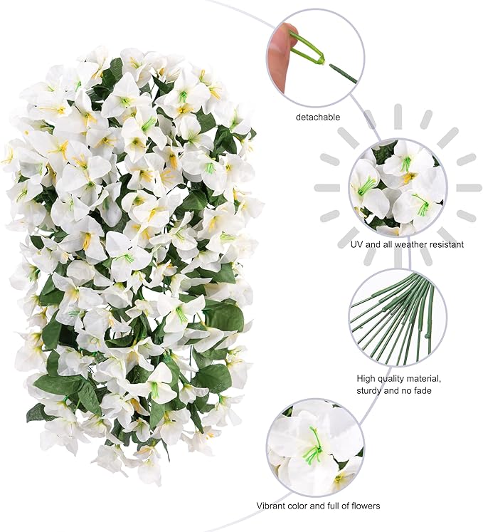 Faux Bougainvillea Artificial Flowers Plants for Outdoors Outside Decoration, 2 PCS White Fake Flowers UV Resistant Look Real Silk Long Trailing Vines for Front Door Porch Planter Patio Garden Yard-Ruum Studio Home