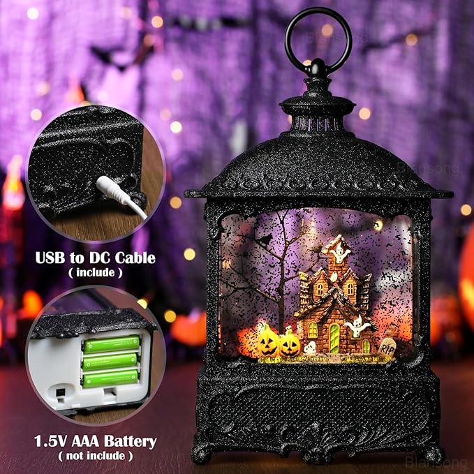 Halloween Snow Globe Lantern Ghost Snow Globe Halloween Decorations for Home Haunted House Pumpkin Ghost Tree Crow Rip Dancing Bats with Timer, USB and Battery Powered 12 inch-Ruum Studio Home