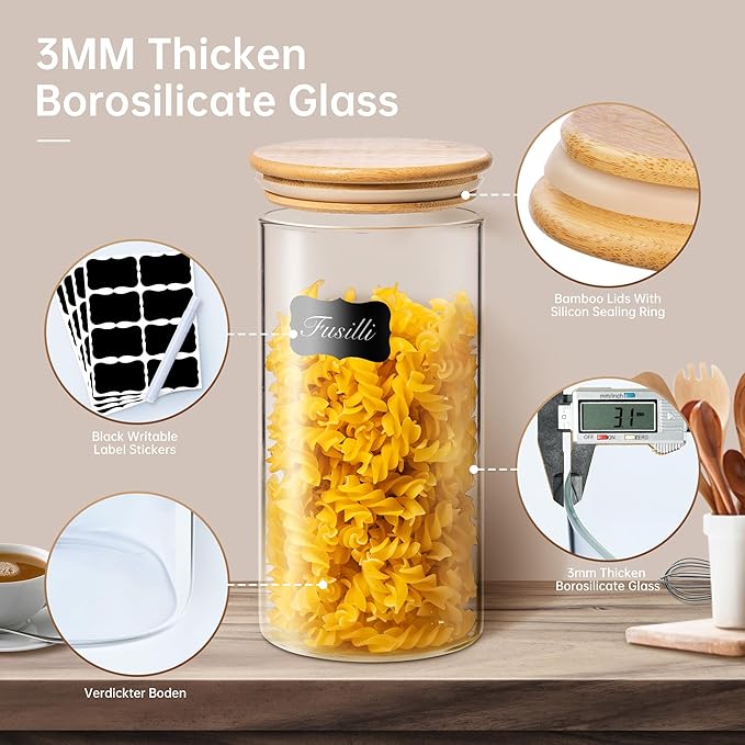21oz - 4 Pack Glass Jars with Bamboo Lids, Glass Food Storage Containers with Airtight Lids, Air Tight Pantry Storage Containers for Coffee, Sugar, Spice, Meal Prep Jars for Salad & Fruit-Ruum Studio Home