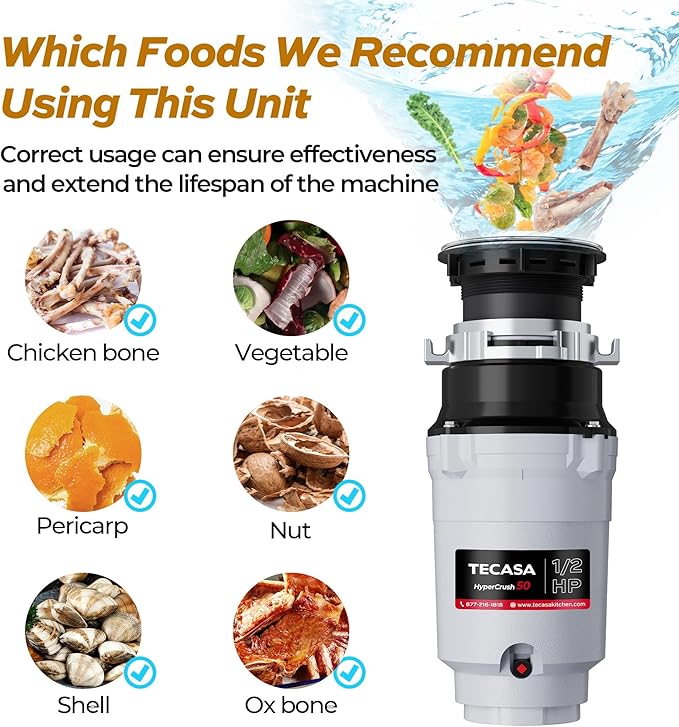 1/2 HP Garbage Disposals, TECASA Continuous Feed, Stainless Steel Food Waste Grinding System for Kitchen Sink Food Waste, Power Cord Included, UL Certified - HyperCrush 50-Ruum Studio Home