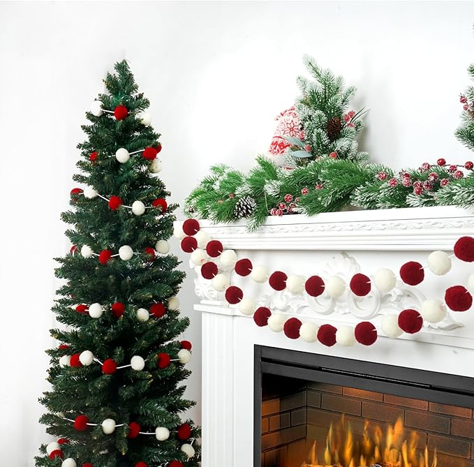 TBD Decor 2pk Red Pom Pom Garland 13FT Large Felt Ball Garland Christmas Decoration for Mantle,Indoor Holiday Wedding Birthday Party Supplies (Red&White,4cm)-Ruum Studio Home