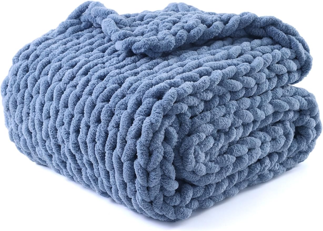 YnM Chunky Throw Blanket, Medium-Weight, Hand Knitted with Chenille Yarn, Skin Friendly, Ventilated and Breathable, Machine Washable, Home Décor Piece for Couch Sofa and Bed (Chambray Blue 30x40 Inch)-Ruum Studio Home