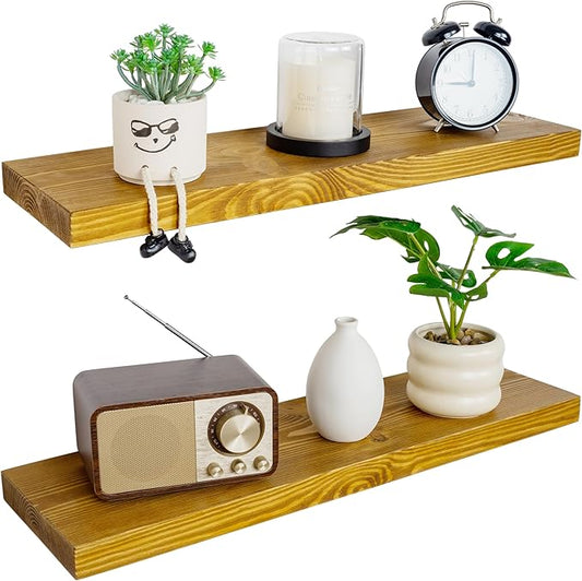 BGMG Wood Floating Shelves for Wall 30 inch Set of 2, Rustic Wooden Wall Mount Shelves for Living Room Bedroom Kitchen Farmhouse 2-30x6.7x1.25 inch- Gold Oak-Ruum Studio Home