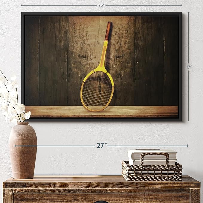 ElephantStock Vintage Tennis Racket Wall Art - Horizontal Framed Canvas - 1-Piece Living Room Wall Decor - Photography Sports Canvas Print - Brown and Black Decor for Wall - 25" X 17"-Ruum Studio Home