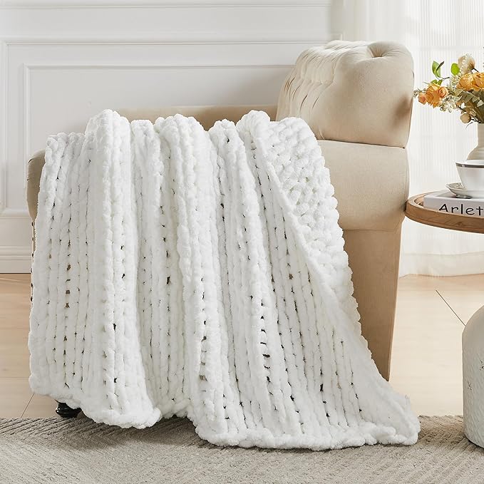 Carriediosa Chunky Knit Throw Blanket 50" X 60", 100% Hand Made Large Chenille Loop Yarn Soft Fluffy Throws for Couch Sofa Bed, Big Crochet Cozy Heavy Thick Cable Woven Blankets, Snow White-Ruum Studio Home