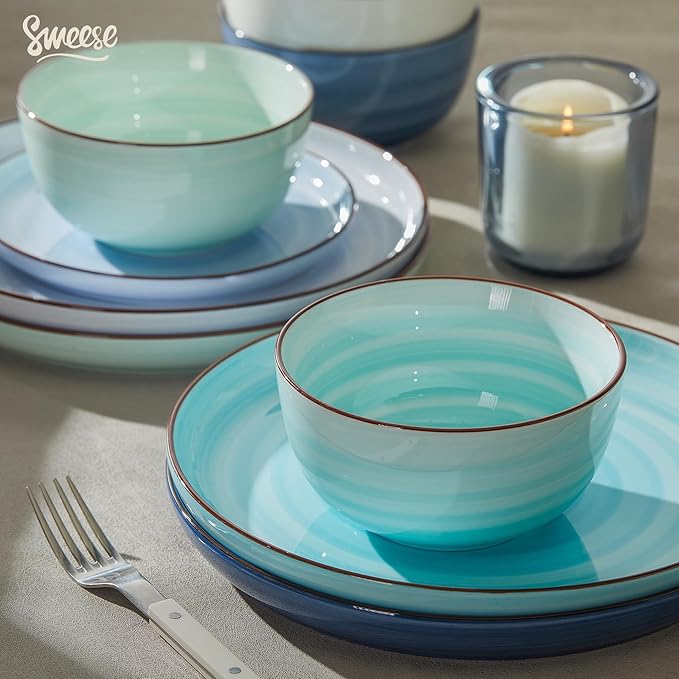 Sweese Plates and Bowls Sets, 18 Piece Dinnerware Set Porcelain Round Dinner Set for 6, Scratch Resistant Dishes Set, Dishwasher and Oven Microwave Safe Handpainted Swirl Dishware Sets, Assorted Blue-Ruum Studio Home