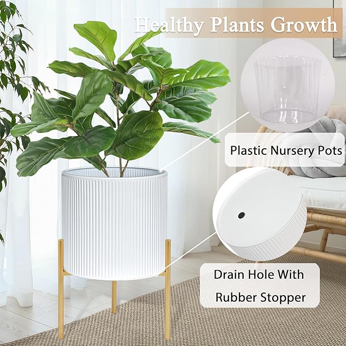 ARNIS Modern Plant Pots, Set of 2 Round Large Planters with Stand, Large Size Metal Pots with Drainage Holes for Living Room, Office, Garden or Balcony, 10.5 &12.25 Inch, White & Gold-Ruum Studio Home