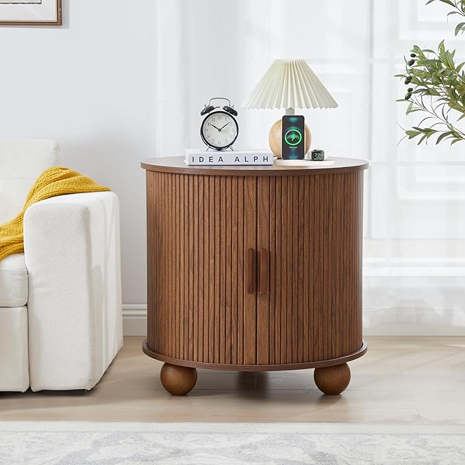 Farmhouse Round End Table with Charging Station, 24" Large Fluted Sofa Side Table with Sliding Tambour Door & Storage, Mid-Century Wood Nightstand for Living Room, Bedroom (Walnut)-Ruum Studio Home