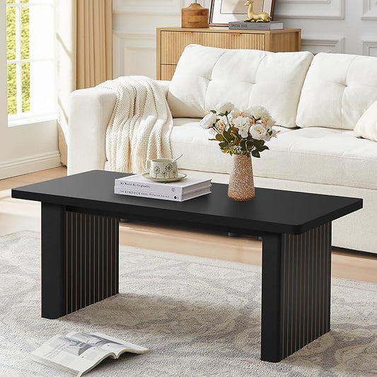 Rectangular Fluted Coffee Table, Farmhouse Wood Coffee Table Mid Century Modern Center Table Boho Living Room Tables for Living Room Office (Black, 19.69" D x 43.3" W x 17.72" H)-Ruum Studio Home