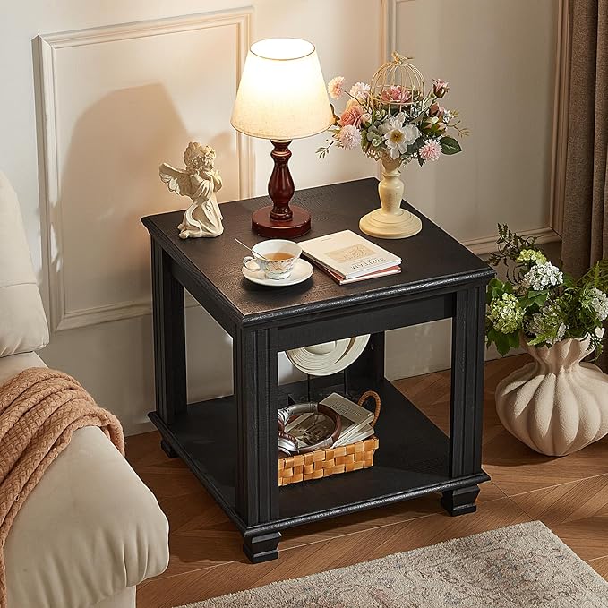 Farmhouse End Table,Large Side Table with 2-Tier Storage Shelf,Rustic Wood End Tables for Living Room,Square Tea Table,Black-Ruum Studio Home