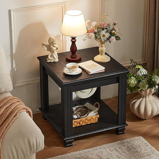 Farmhouse End Table,Large Side Table with 2-Tier Storage Shelf,Rustic Wood End Tables for Living Room,Square Tea Table,Black-Ruum Studio Home