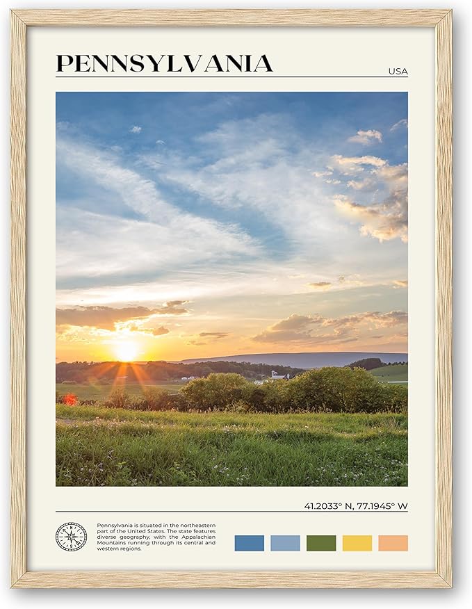 HesenDot Natural OAK Wood Framed Pennsylvania Wall Art,12x16in Appalachian Mountains Scenery Canvas Wall Print,Classic Urban Landmark Wall Decor for Living Room, Bedroom,Office Gallery Set of 1-Ruum Studio Home