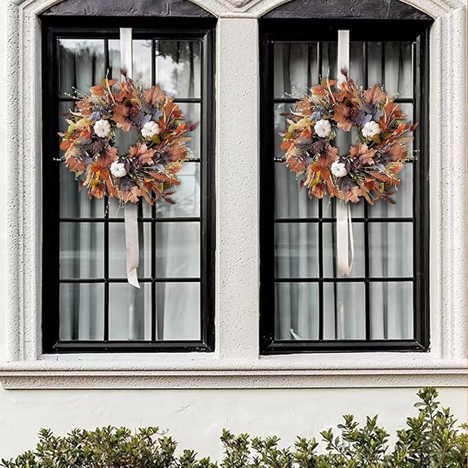 WANNA-CUL 24 Inch Fall Wreath for Front Door with White Pumpkins,Grains, Maple Leaves-Fall Decoration for Home-Large Fall Decor Door Wreath for Autumn,Harvest or Halloween-Ruum Studio Home