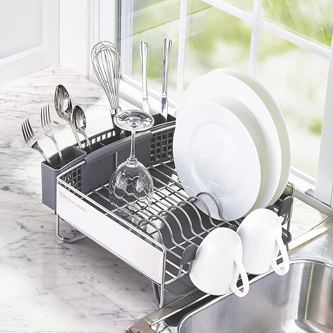 KitchenAid Compact Space Saving, Dish Rack with Removable Flatware Caddy and Angled Self Draining Drainboard, Satin Gray, 15-Inch-by-13.25-Inch-Ruum Studio Home