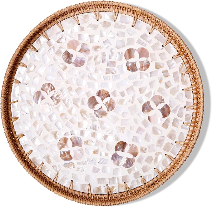 Round Rattan Tray with Mother of Pearl Inlay & Wooden Base - Decorative Wicker Serving Tray for Coffee/Bread/Fruits, Food Storage & Display - Multipurpose Home Decor (M,Four-Petal Flower)-Ruum Studio Home