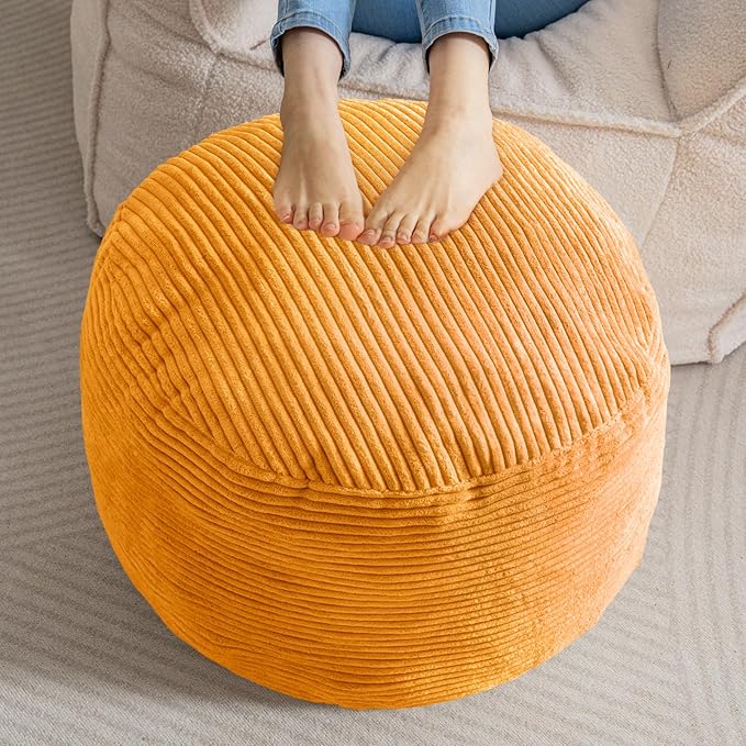 HIGOGOGO Round Stuffed Pouf Ottoman, Corduroy Poufs with Foam Chunk Filling, Furry and Fluffy Pouf Foot Stool Storage Ottoman, 20 X 15 Floor Poufs Foot Rest for Living Room, Orange-Ruum Studio Home