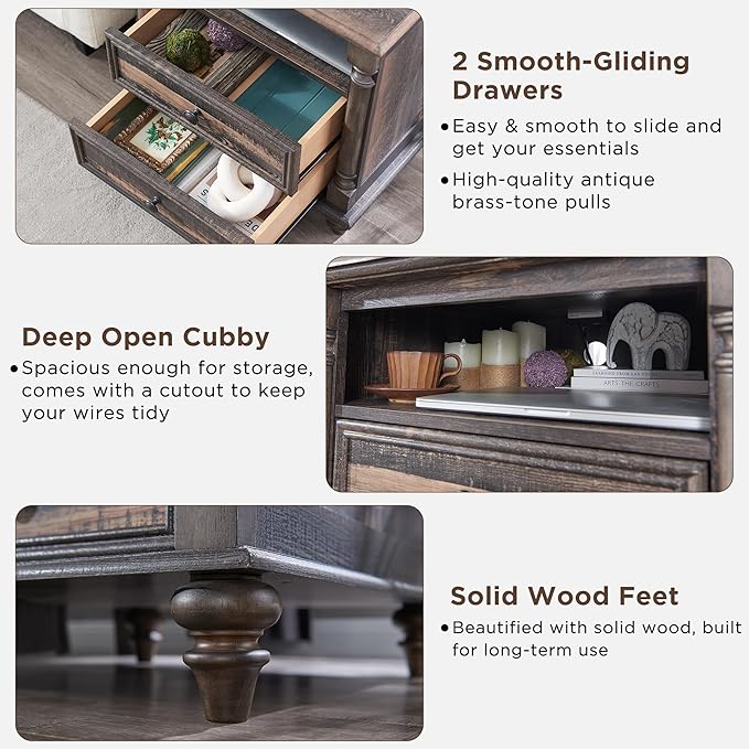 T4TREAM 24'' Farmhouse End Table w/4 Solid Wood Feet, Large 2 Drawers Wide Sofa Side Table with Charging Station, Tall Rustic Wood Square Nightstand for Living Room, Bedroom, Office, Dark Rustic Oak-Ruum Studio Home