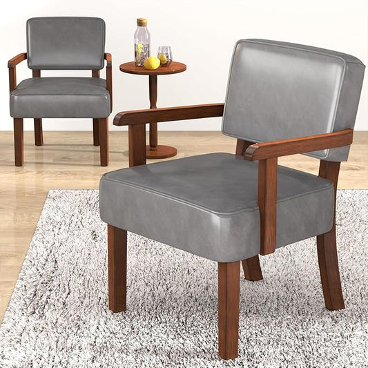 Accent Chair, PU Leather Oversized Living Room Chairs with Soft Seat and Armrests, Armchair for Bedroom, Dinning, Reading and Waiting Rooms (Leather Gray)-Ruum Studio Home