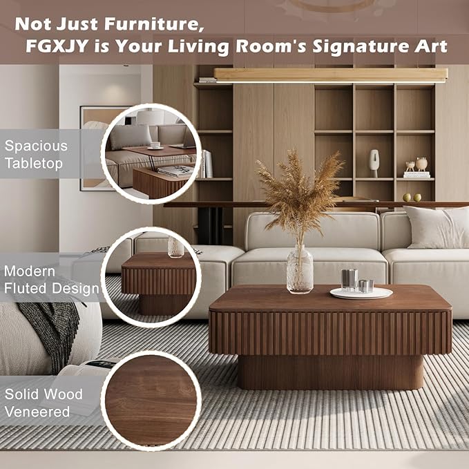 Lift Coffee Table with Storage & Adjustable Height, Solid Wood Coffee Table Fluted Center Table Accent Tea Table or Living Room, Apartment, Office (38.6" Walnut)-Ruum Studio Home
