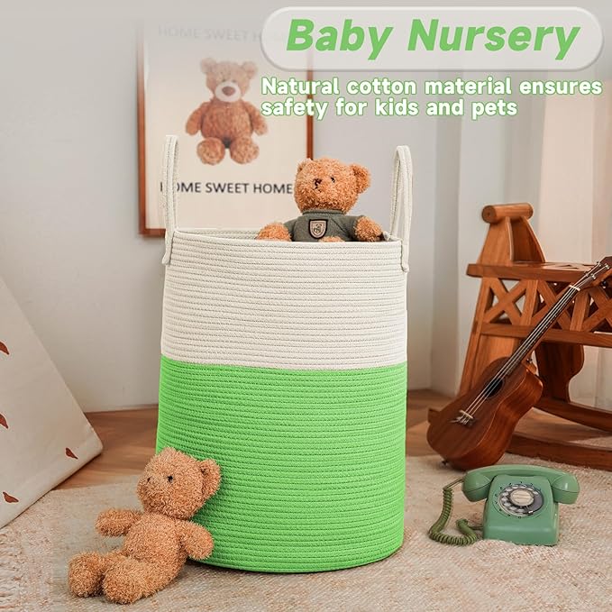 Large Woven Laundry Basket Hamper,80L Cotton Rope Storage Bin for Blankets,Toys and Clothes,Decorative Tall Nursery Hamper for Living Room,Baby Nursery,Bathroom and Bedroom,Light Green-Ruum Studio Home